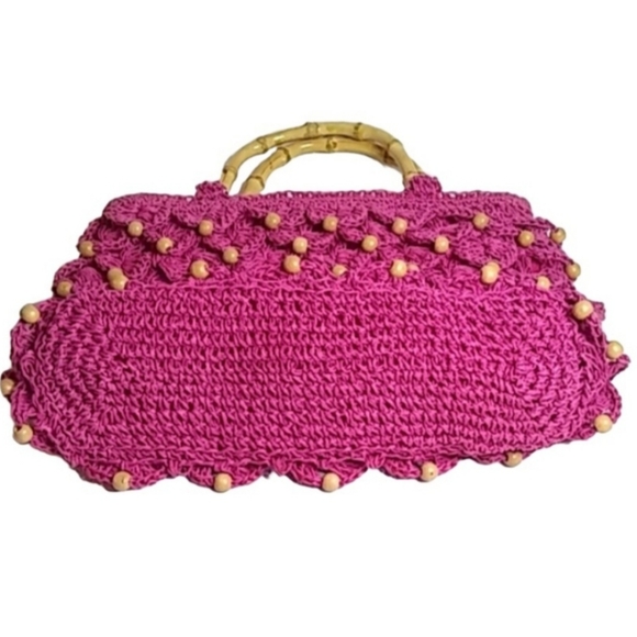 Pink Paper Straw Satchel | EUC Bamboo Shaped Handles | Beaded - Picture 14 of 15